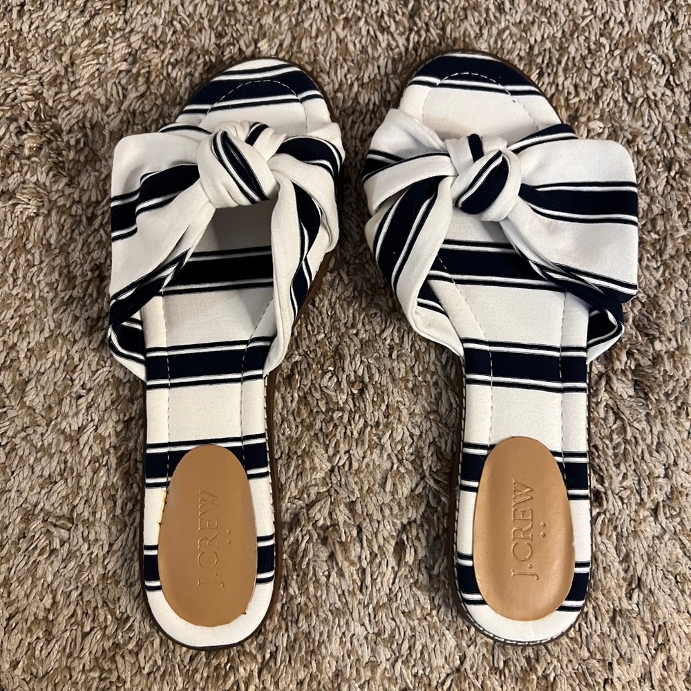 J.Crew Women’s Navy Blue and White Striped Knotted Slide Sandals Size 8.5